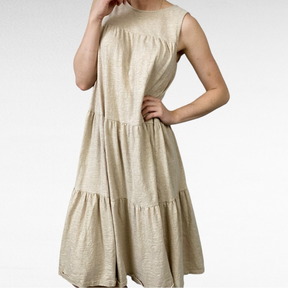 Wonderly | Heather Beige Modern Bohemian Sleeveless Tiered Midi Cotton Dress